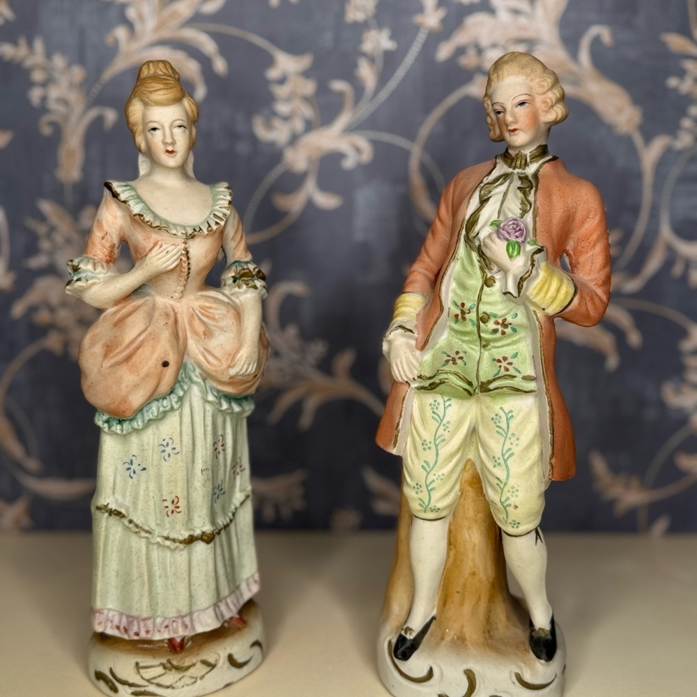 Vintage Estate Hand Painted Japan Bisque Figurines Pair Man Woman